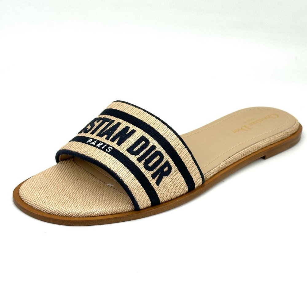 DIOR DWAY D WAY Embroidered Cotton Flat Slides Mules Sandals Shoes Beige